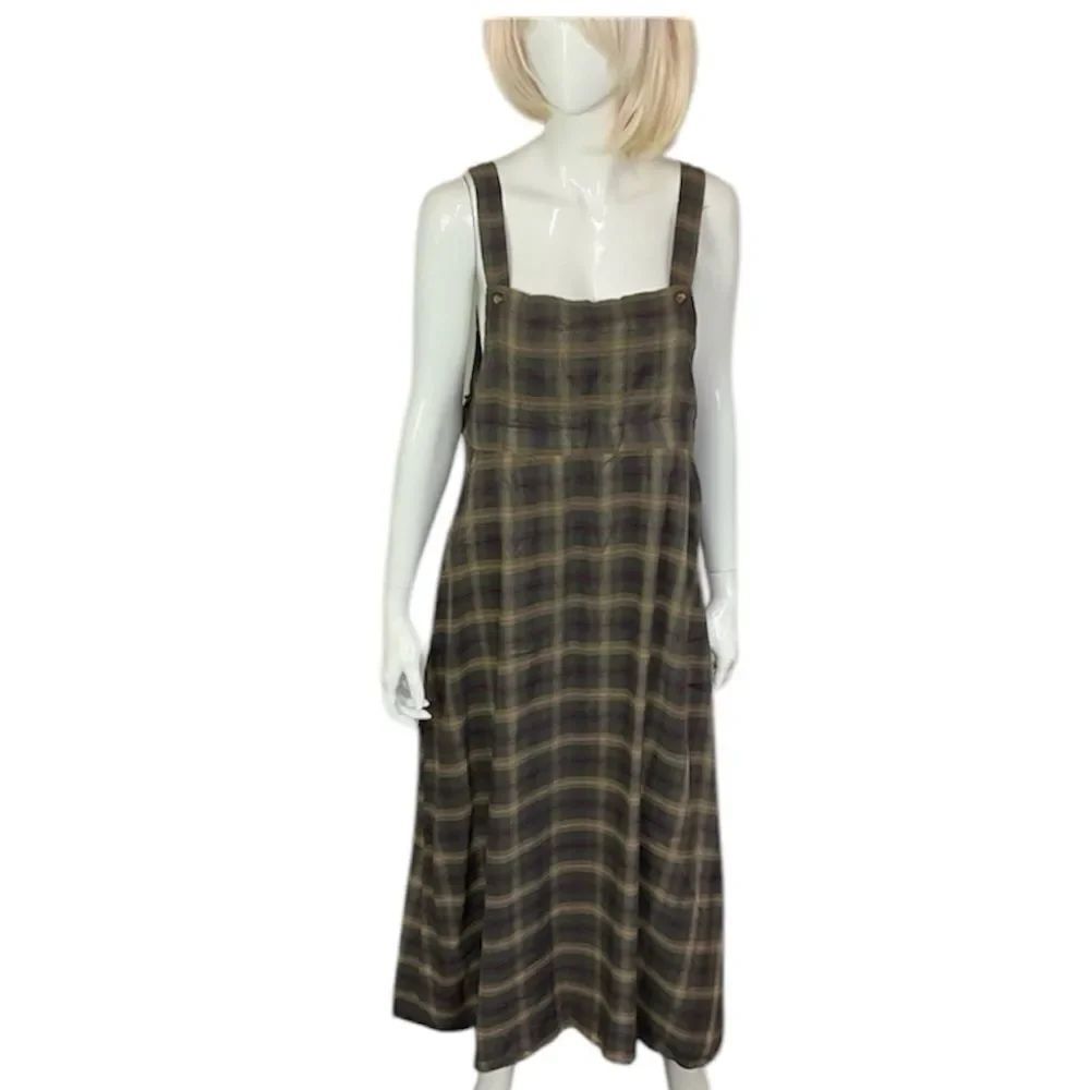 Aeropostale Vintage Square Neck Plaid Check Pinafore Overall Midi Dress S